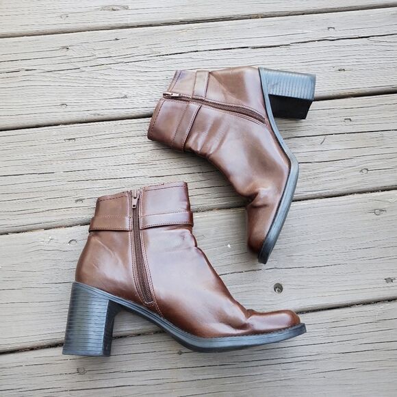 Vintage 90s y2k Bratz Brown Vegan Leather Chunky Heel Square Toe Ankle Boots 9.5 - Picture 3 of 8